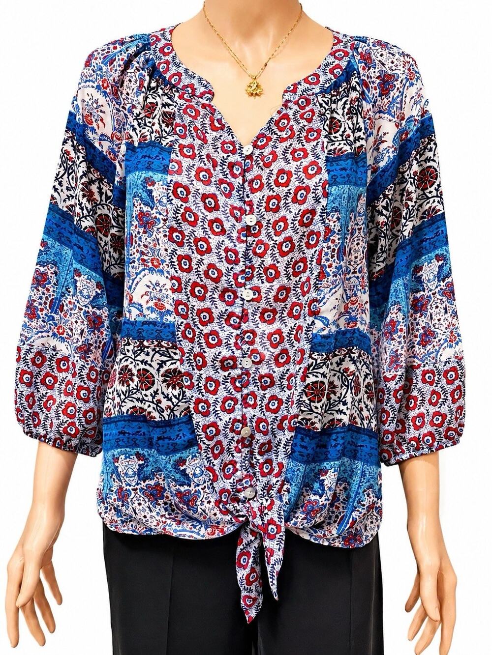 Olive Hill Small Boho Floral Peasant Top Tie Front 3/4 Sleeve Blue Red